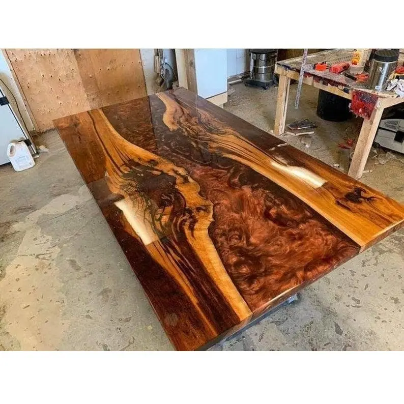 Obral meja makan kayu ek padat kualitas Premium dengan desain Sungai epoksi buatan tangan atas meja unik