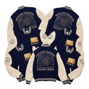 Chaqueta universitaria al por mayor, negra, de lana, con mangas de cuero crema, Cold Seep Expedition Lumen Mare Comb Jelly Letterman Coat - Product Image 2