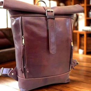 Fashion Genuine Leather <b>Roll</b> Top <b>Backpack</b> Luxury Brown Cowhide Leather Daypack Waterproof Travel Rucksack LRTB-0115 - Product Image 1