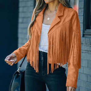 แจ็กเก็ตหนังกลับสีส้มวินเทจของผู้หญิงเสื้อแจ็คเก็ตหนังกลับมีพู่สไตล์คาวบอยตะวันตกแบบมีปกแขนยาวคอเปิดฤดูใบไม้ร่วงฤดูหนาว - Product Image 5