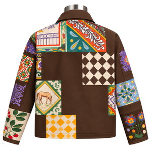 Chaqueta de Trabajo Personalizada con Mosaico Marrón, Parches Florales Multicolores, Estampado, Cierre de Botones, Estilo Casual Urbano, con Bolsillos Funcionales - Product Image 2