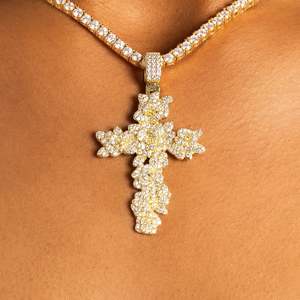 Luxury Iced Out Floral Cross Pendant Necklace 18K Gold Plated Moissanite Stone <b>Box</b> <b>Chain</b> Unisex Everyday Wear - Product Image 4