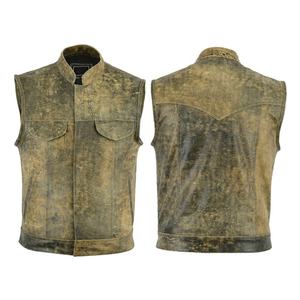 Gilet en cuir véritable marron et noir pour homme, style vintage, col rond, fermeture boutonnée, style motard, pour l'automne - Product Image 4