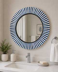 High Quality Antique Bone Inlay Round Pattern With Blue <b>White</b> Stripe <b>Mirror</b> Frame Furniture for Living Room Unique Wall Decor - Product Image 1