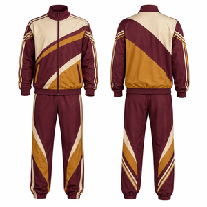 Ensemble de survêtement unisexe bordeaux et or avec blocs de couleur, fermeture éclair intégrale, style sportif, avec poches latérales, pour l'automne, en polyester - Product Image 1