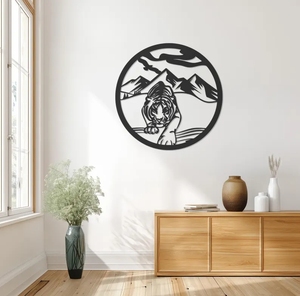 Arte Metálico Circular de Moradabad, Decoración de Pared con Escena de Tigre en la Montaña, Negro, Hecho a Mano, con Recubrimiento en Polvo, Decoración Moderna para el Hogar, Estilo Rústico - Product Image 2