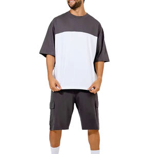 Ensemble T-shirt blanc color block et short cargo pour homme – Décontracté, respirant, taille élastique, style uni, tissu en coton 2026 - Product Image 1