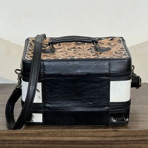 Sac de maquillage en cuir véritable de haute qualité, fait main par un designer, forme carrée, boîte à bijoux pour femmes, style western, organiseur de voyage - Product Image 5