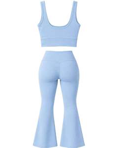 Manufacturer Customized Baby Blue Womens Seamless Yoga Set <b>Flare</b> <b>Leggings</b> And Sports Bra Gym Workout Fitness Activewear Outfit - Product Image 2