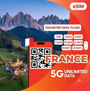 eSIM de Voyage en France les mieux notées : Données 4G/5G, Internet Mobile Haute Vitesse, Livraison Instantanée par Code QR et Activation Facile - Product Image 1