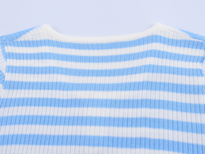 <b>Women's</b> Blue <b>White</b> Striped Knitted <b>Short</b> <b>Sleeve</b> V Neck Button Up Casual T-<b>Shirt</b> Spring Summer Breathable Regular Fit - Product Image 4