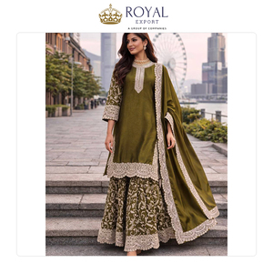 Exportateur indien proposant des ensembles de robes Sharara de haute qualité en soie Fandy, avec haut, bas et dupatta, pour les occasions de fête et les festivals. - Product Image 5