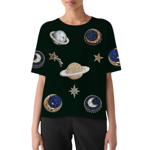 เสื้อยืดลำลองแขนสั้นปักลายงานฝีมือสำหรับผู้หญิง คอลเลคชั่นใหม่ ผ้าฝ้าย 100% ระบายอากาศได้ดี ลายลูกปัดดวงอาทิตย์สไตล์นักบิน - Product Image 3