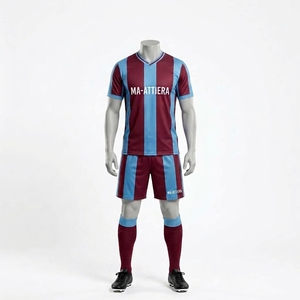 Custom Burgundy Sky Blue Vertical Stripe <b>Soccer</b> Uniform Set Short <b>Sleeve</b> Football Jersey Shorts <b>Socks</b> - Product Image 4