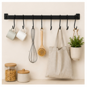 Space-Saving Wall Mounted Kitchen Organizer Rack Heavy-Duty Black Metal Rail with S-<b>Hooks</b> for Utensils Mugs and Cookware Storage - Product Image 3