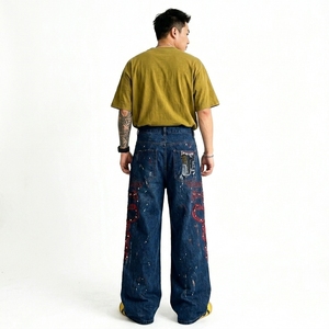 Vintage American Style Men's Denim <b>Pants</b> Diamond Studded High Street Printed Tie Dye Loose Fitting Wide Straight Jeans - Product Image 3