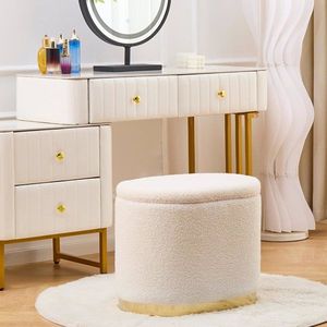 Round <b>Storage</b> Ottoman with Flip Top Lid Multi-Functional Metal Base Side Table Upholstered Vanity <b>Stool</b> with Footrest - Product Image 2
