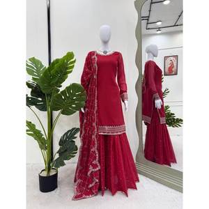 Ropa Tradicional China-Top-Bottom y Dupatta con hilo y secuencia para una apariencia de fiesta - Product Image 1