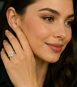 Luxury floral ring in 18K yellow gold with marquise and round lab grown diamonds elegant flower <b>cluster</b> timeless couture desi - Product Image 6