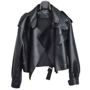 Women's PU Leather Moto <b>Jacket</b> <b>Short</b> Length Turn-down Collar Full Sleeve Windproof Solid Color Biker Style - Product Image 4