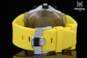 Luxury Men's Antique Vintage Hip Hop Moissanite Encrusted <b>Chronograph</b> Watch Yellow Silicone Strap Gold Bezel 42mm Stainless - Product Image 3