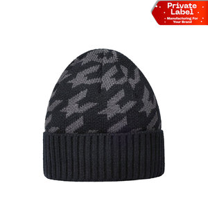 Vintage Hounds tooth Pattern Beanies <b>Cap</b> Jacquard Knit Winter <b>Hat</b> Thick Ribbed Cuff Beanies <b>Cap</b> Grey and Black Geometric Knit - Product Image 1