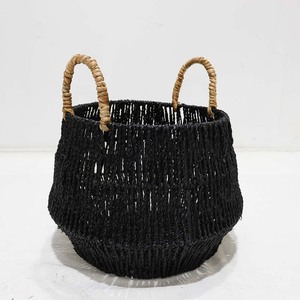 Ensemble de paniers suspendus en jonc de mer noir tressé avec poignées en rotin naturel, rangement écologique pour la décoration intérieure - Product Image 6