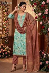 Ensemble pantalon et veste prêt-à-porter en coton Banarasi de qualité supérieure avec imprimé floral numérique et décolleté brodé à la main - Fournisseur indien - Product Image 2