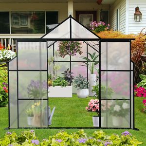 Serre de jardin extérieure 8x6FT noire à double porte, robuste, avec base surélevée en polycarbonate et ancrage en aluminium, pour jardinage vert - Product Image 6
