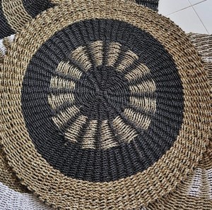 Handwoven <b>Round</b> Seagrass Rug Braided Bohemian Area <b>Carpet</b> with Black and Beige Target Circle Design for Living Room, Home Use - Product Image 4