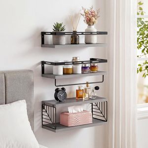 Industrial Metal Wall Mounted Floating <b>Shelves</b> with Wooden Boards Modern Rustic Storage Organizer - Product Image 4