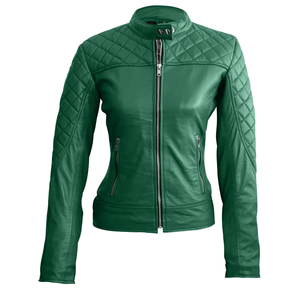 Women's Green genuine <b>Leather</b> Moto <b>Jacket</b> Quilted Full Sleeve Stand Collar Zipper Closure Autumn Style Regular Fit - Product Image 1