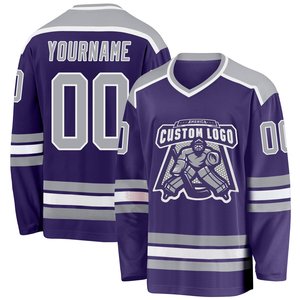 Jersey de Hockey sobre Hielo de Primera Calidad, Nuevo Diseño, Color Morado y Gris, Impresión Sublimada, Cuello en V, Manga Larga, Absorbe la Humedad, Unisex para Adultos - Product Image 2