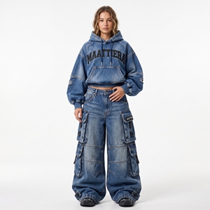<b>Womens</b> Blue Washed Denim Hoodie And <b>Baggy</b> Cargo <b>Jeans</b> Set Oversized Cropped Sweatshirt Multi Pocket Streetwear Wholesale OEM - Product Image 1