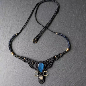 Handmade Black Macrame Ball <b>Necklace</b> Blue Agate Stone Pendant Boho Tribal Gift Jewelry Adjustable Cord <b>Statement</b> - Product Image 1