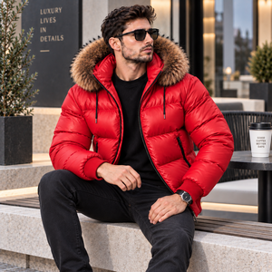 Veste matelassée de luxe décontractée pour homme, hiver, capuche en fourrure |   Veste brillante |   Doudoune Brillante |   vestes en cuir |   Piumino Lucido Uomo - Product Image 5