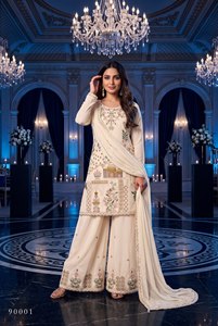 Ensemble palazzo brodé en nylon premium, crème, charmant, multicolore, avec dupatta faite main, Aarika Textile, pour femmes, toutes saisons - Product Image 2