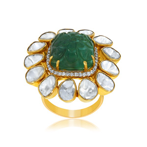 Craftsy Floral Diamond <b>Ring</b> Luxury 18K Yellow Gold Carved <b>Green</b> Emerald Floral Statement <b>Ring</b> with Polki Diamond Halo for Women - Product Image 1