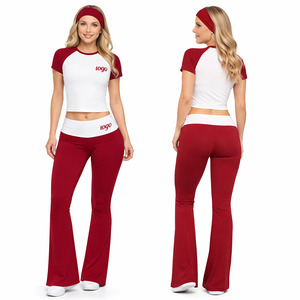 Women's Raglan Crop Top Flare Pants Two-Piece Yoga Set Casual Athletic Co-ord with <b>Headband</b> - Product Image 3