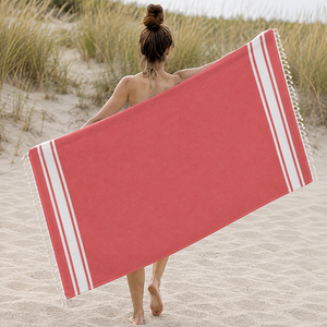 Serviettes de plage turques Fouta Superdry à rayures personnalisées avec pompons, sans sable, grandes serviettes Fouta en gros en Inde. - Product Image 5