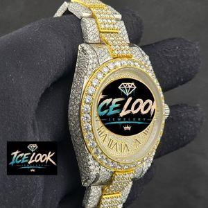 นาฬิกาข้อมืออัตโนมัติ Ice Look ขนาด 28 มม. สายคริสตัลสองสี หน้าปัดสีทอง แสดงวันที่ ETA แฟชั่น - Product Image 3