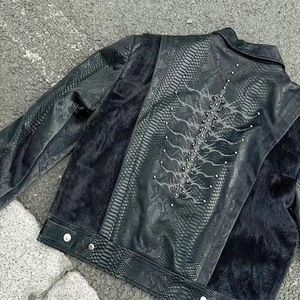 Veste en cuir noire courte pour homme, design personnalisé de qualité, avec fermeture éclair et gaufrage, imperméable, respirante, coupe-vent et écologique - Product Image 6