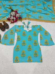 Ensemble de 3 pièces pour femmes, imprimé floral bleu turquoise, kurta, pantalon et dupatta, vêtements ethniques indiens, style traditionnel salwar. - Product Image 4