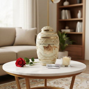 Urnas funerarias decorativas de latón para cenizas, acabado rojo vibrante con intrincados grabados florales dorados, elegantes y duraderas urnas conmemorativas. - Product Image 6