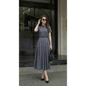 Elegante Vestido Midi Plisado con Cuello Polo, Manga Corta, Estilo Oficina, con Cinturón, Precio de Fábrica, Ropa de Mujer, Vestidos de Mujer - Product Image 1