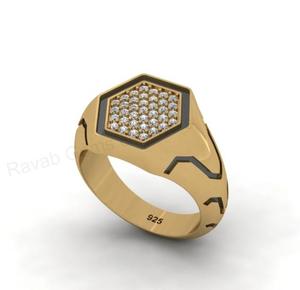 Anillo de sello hexagonal de 13 mm chapado en oro de 18k y plata 925 con circonitas pavé, estilo hip hop, el más vendido, regalo de joyería personalizado para hombre - Product Image 1