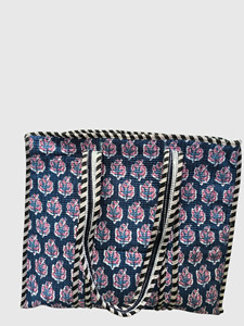 Sac fourre-tout bohème en coton, imprimé floral bleu, bordure rayée, ouverture supérieure, sac à main - Product Image 2
