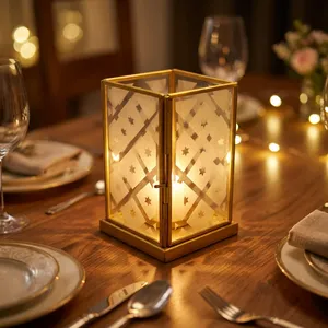 ARTISAN DESIGN <b>Brass</b> <b>Lantern</b> votive With Star Pattern Embossing For Home Decoration Weddings Durable Candle Holder - Product Image 1