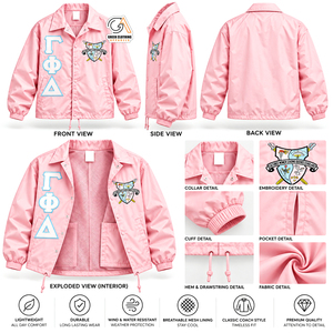 Gamma Phi Delta Sorority <b>Girl</b> Pink <b>Varsity</b> Coaches <b>Jacket</b> 100% Polyester Button Closure Turn-down Collar Full Sleeve Waterproof - Product Image 5