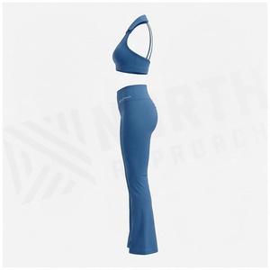 North Approach 2 Piece Yoga Set Halter Neck Flared Leg High Waist Solid Blue Breathable Sportswear - Product Image 3